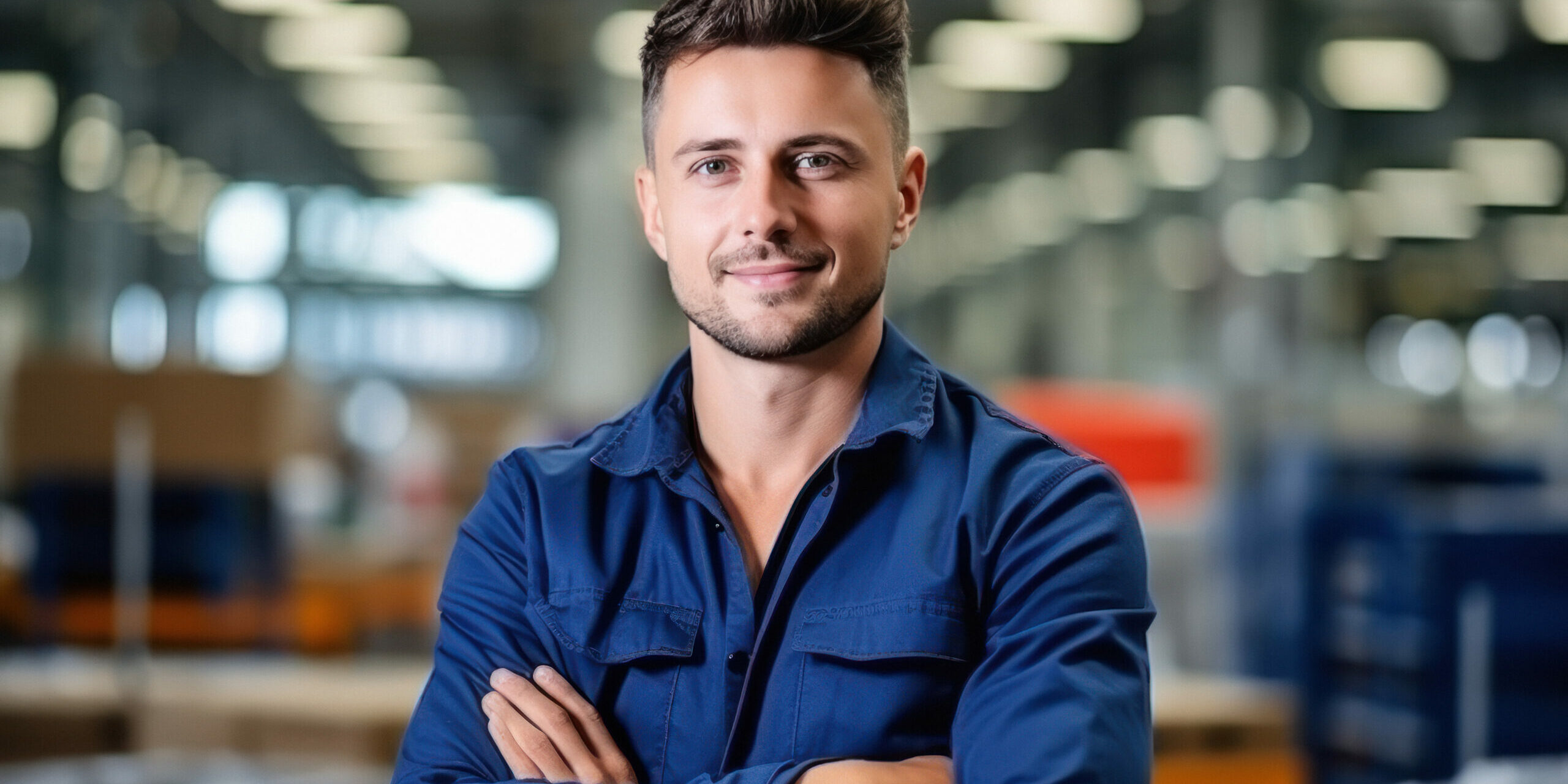 Confident male worker or labor standing in the factory
